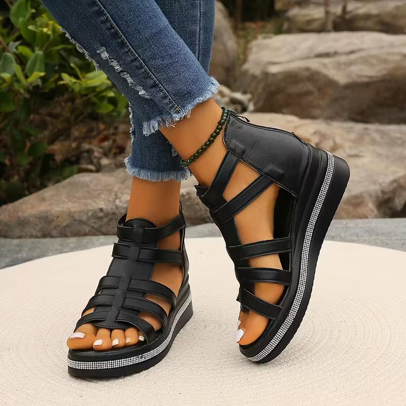 The 2025 new summer fashion wedge heel rhinestone thick-soled Roman sandals are elegant and stylish with hollow designs