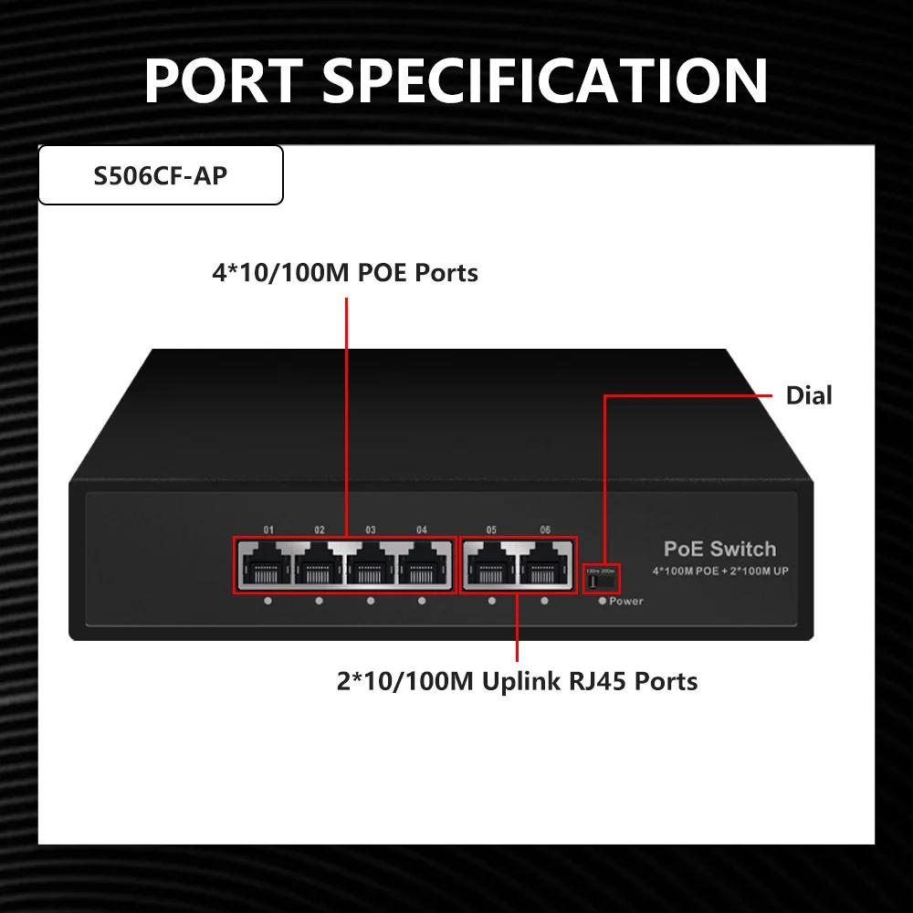 EWIND POE Switch 6 Ports 10/100Mbps AI Smart Ethernet Switch with 2 Uplink RJ45 Ports AI Smart Switch for IP Camera/Wireless AP