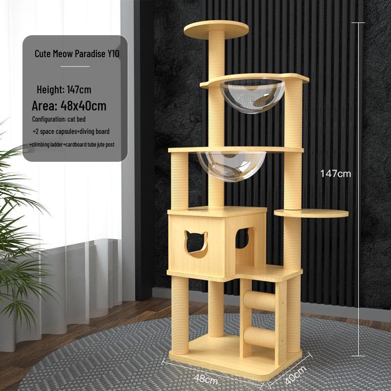 Compact Solid Wood Cat Tree with Climbing Frame & Space Capsule Bed for Large & Small Homes