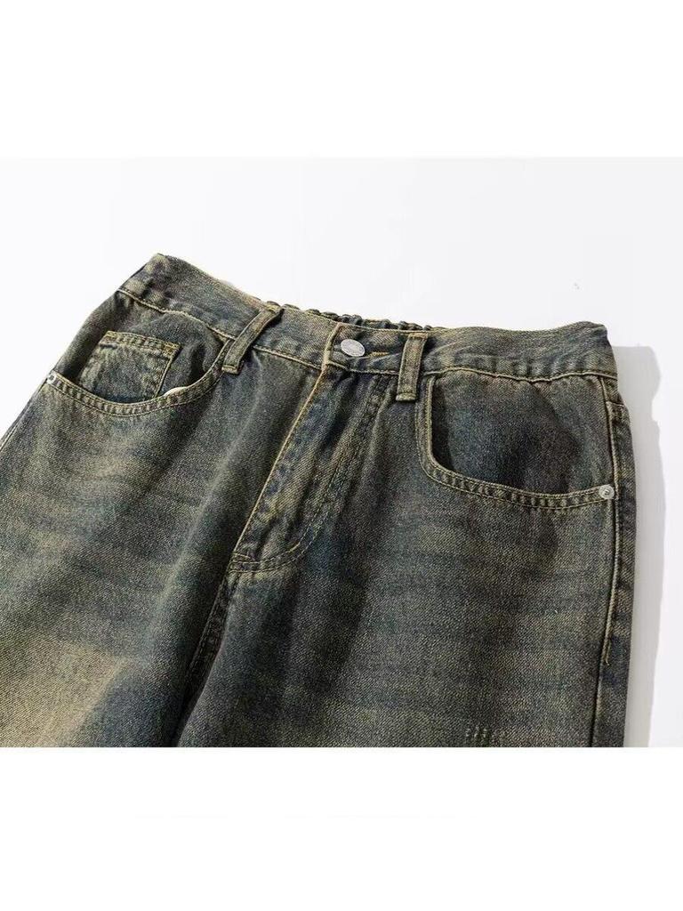 Męskie jeansy retro o luźnym kroju z prostą nogawką - japoński trend prania w żółtym błocie