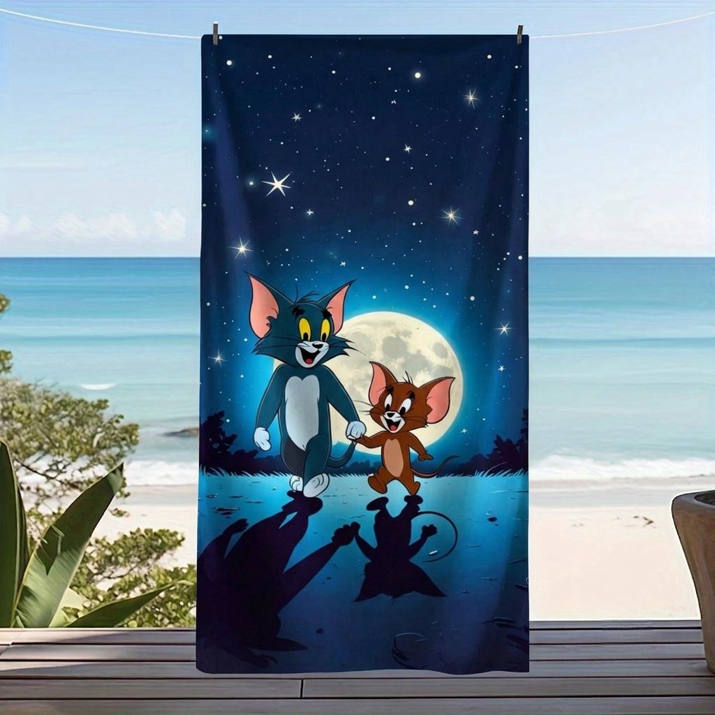 T-Tom a-and J-Jerry Starry Night Beach Towel Full Moon Water Reflection Print Quick Dry Towel Pool Camping Kids Teens Gift