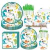 Cartoon Dinosaur Birthday Party Tableware: Plates, Napkins, Tablecloths, and Decorations for Kids.