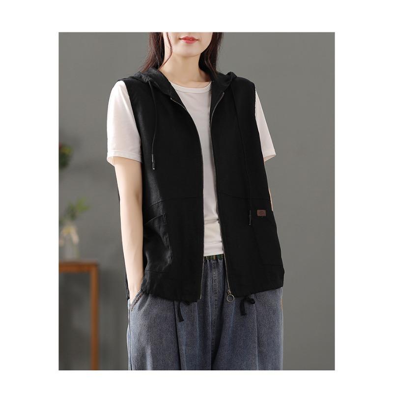 Women S Casual Linen Blend Hooded Sleeveless Zip Up Vest