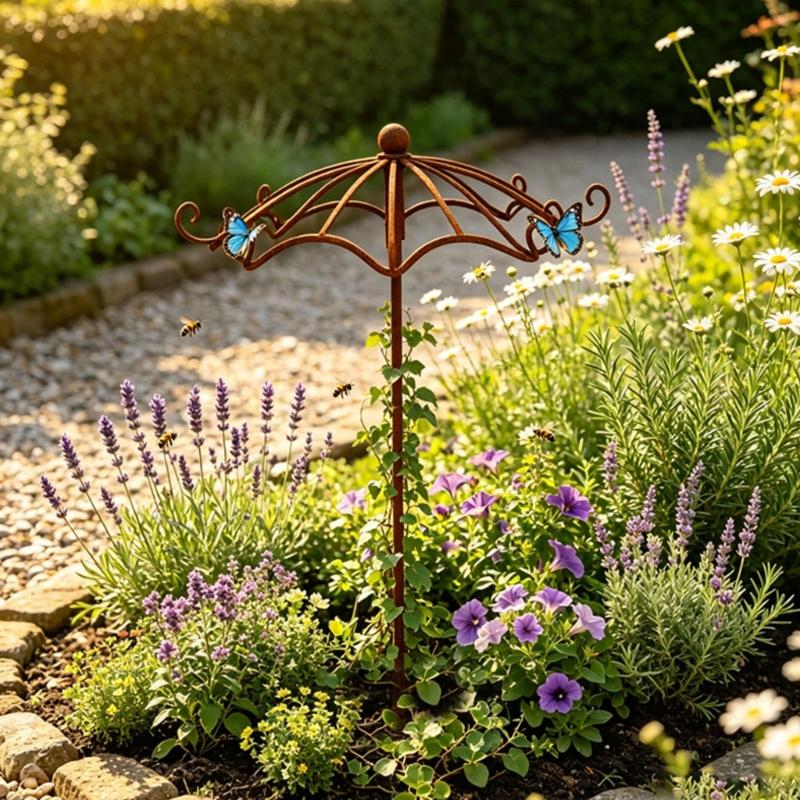 Umbrella Top Climbing Support Trellised for Potted Foliage, Metal Stake with Brown Finish for Balcony Displays, Outdoor Rows, and Small Outdoor