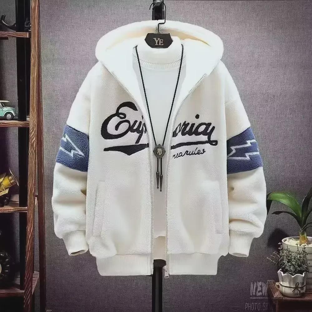 Sudadera con capucha de lana de cordero de moda para hombre - Invierno de corte holgado para estudiantes de secundaria