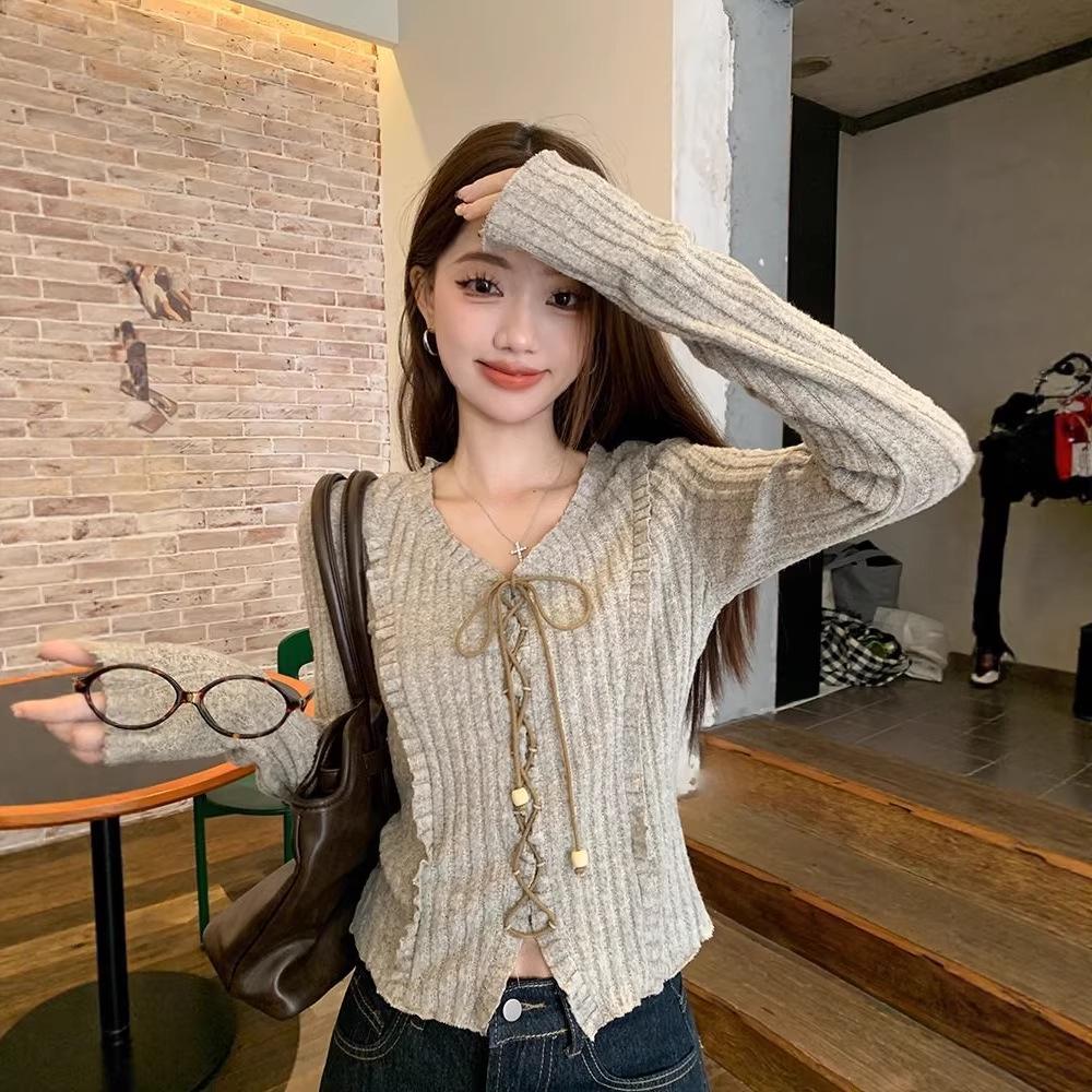 Women's Retro Tie-Up Design Long-Sleeve Textured Cropped T-Shirt for Autumn/Winter