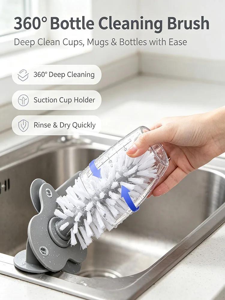 Suction Mount Rotating Bottle Brush Multifunctional Cup Cleaner For Glass Water Bottles Mugs Kitchen Sink Cleaning Tool