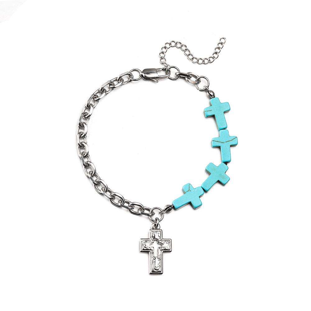 

Бирюзовый набор ожерелья и браслета с крестом: Европейский и американский хип-хоп стиль