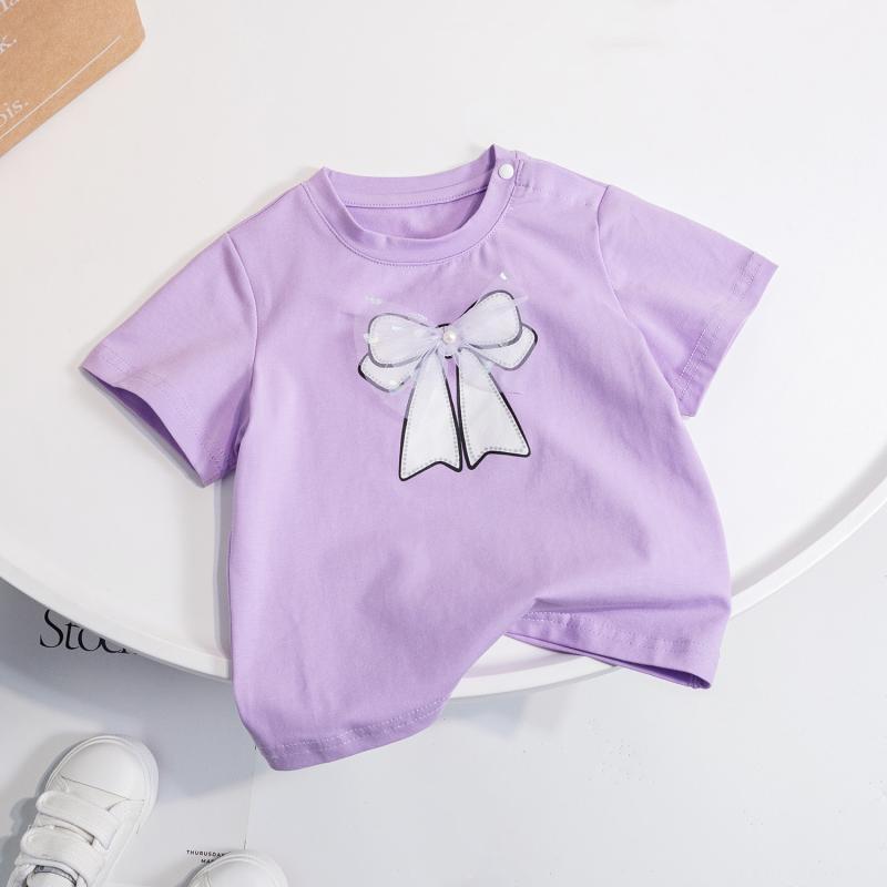 Girls Summer Thin Short Sleeved Candy Colored Simple Cotton Mesh Bow Children's Short Sleeved Sweet T-shirts Baby Princess Tops