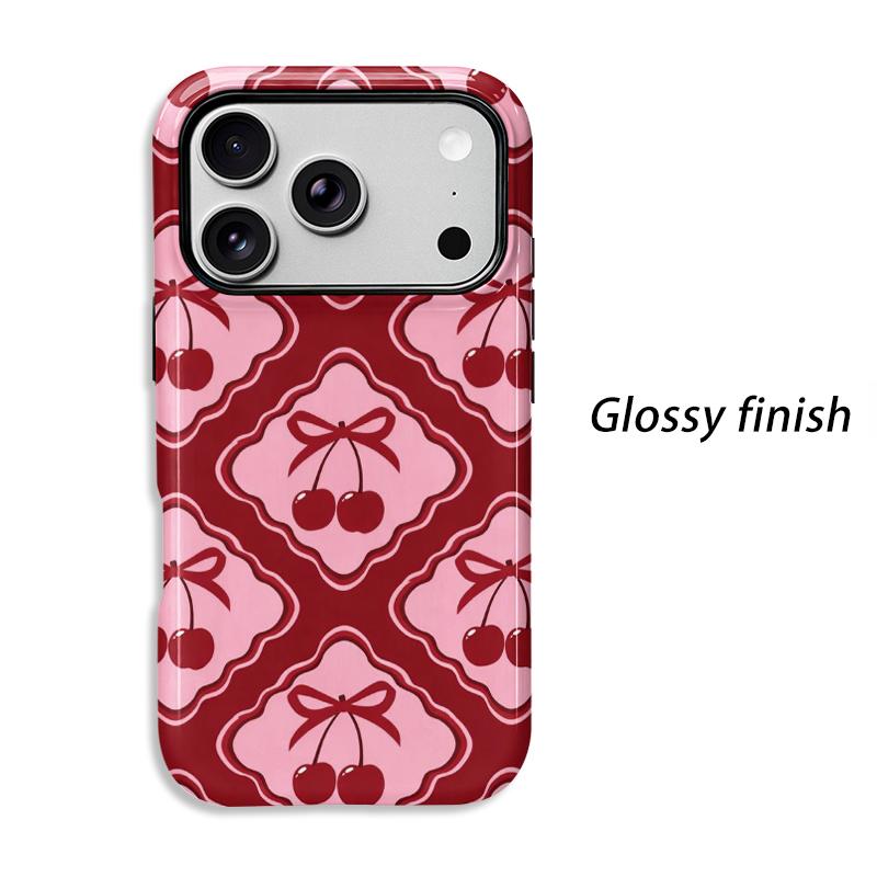 Cute Y2K Sweet Coquette Geometric Red Pink Cherry Bow Pattern Film Art Aesthetic Protective Shockproof Bumper Case For iPhone 14 15 16 Pro Max Plus