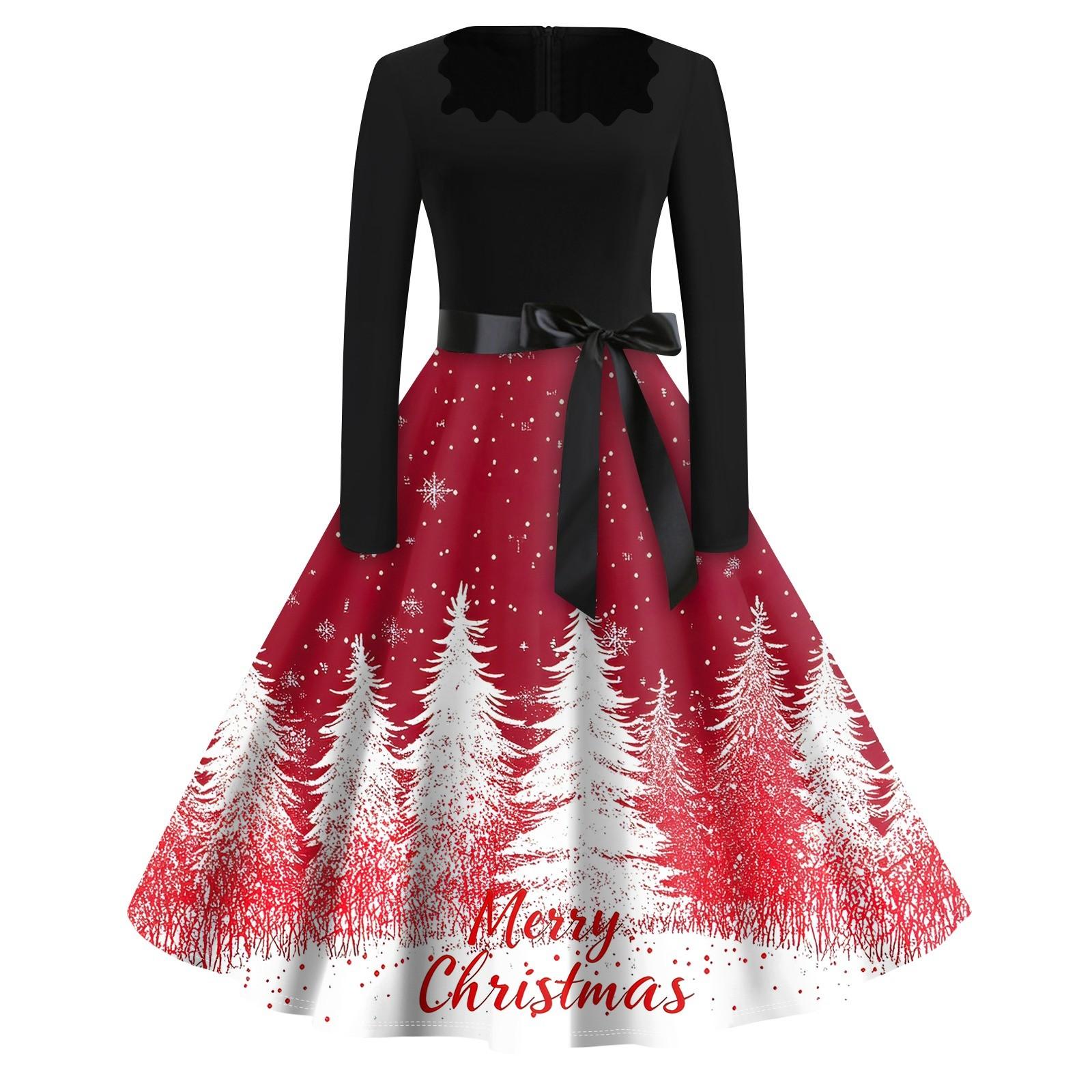 Рождественский принт расклешенное платье для женщин платье с длинным рукавом ажурное — фото 8