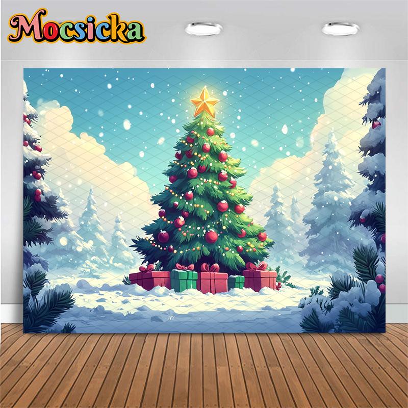Mocsicka Big Christmas Tree Photography Background Winter Snow New Year Party Wallpaper Forest Gift Decoration Festival Backdrop