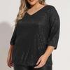 Women's Loose Large Size Solid Color Sequined V-Neck Three-quarter Sleeve T-Shirt Top