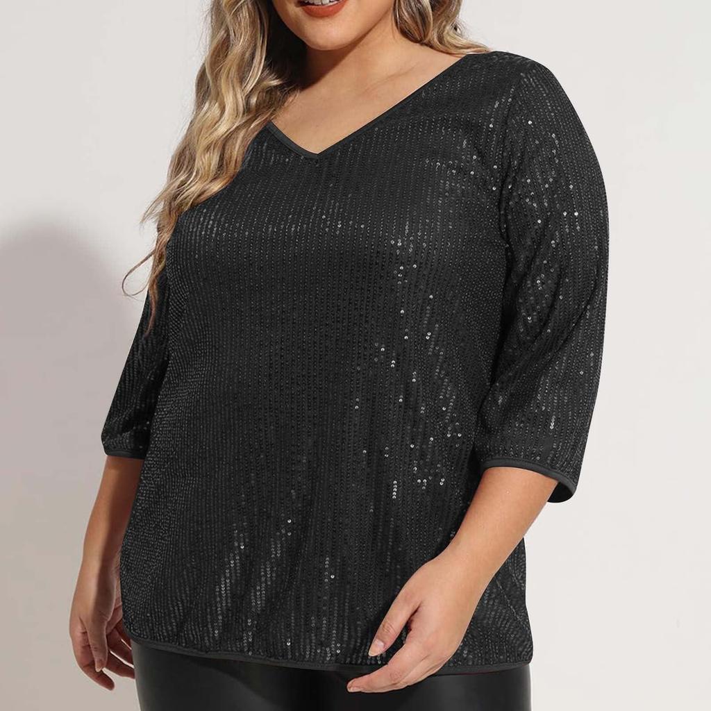 Women's Loose Large Size Solid Color Sequined V-Neck Three-quarter Sleeve T-Shirt Top