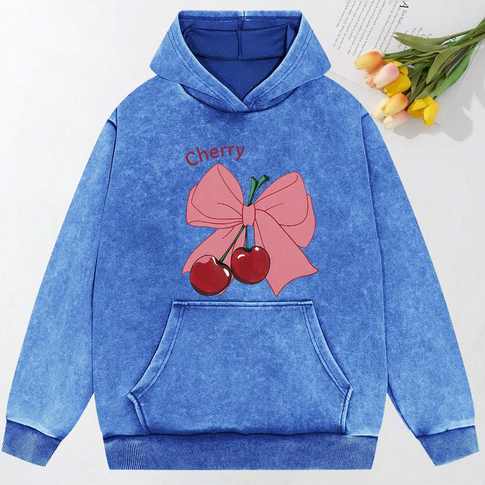 Bow Cherry Cartoon Printing Women Washed Hoodie Oversized Streetwear Comfortable Soft Hoodie Cotton Sweatshirt