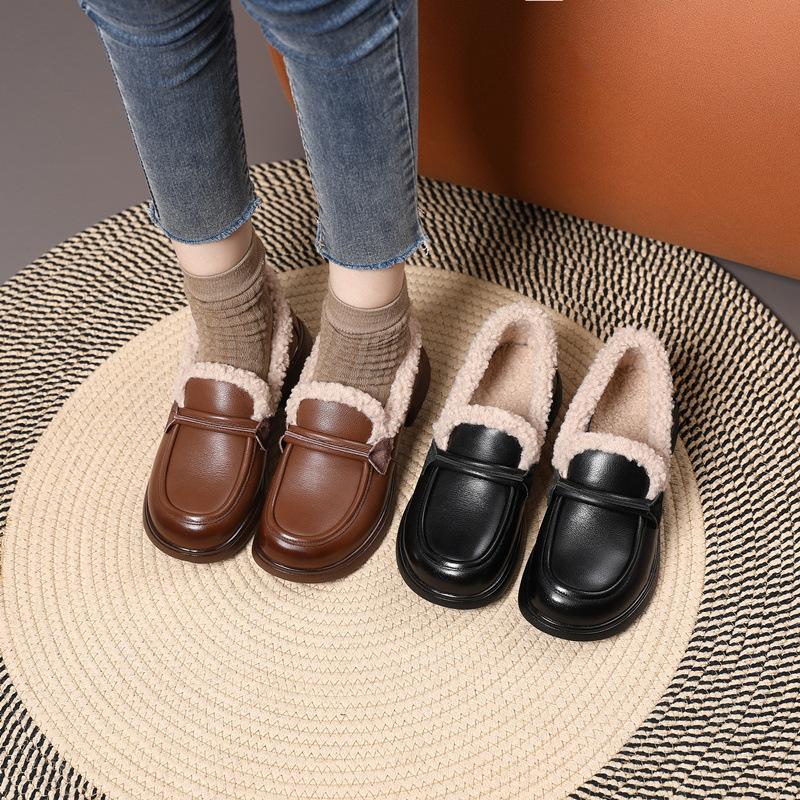 Fashion GKTINOO Women Loafers Genuine Leather with Warm Plush Shoes Square Heels Classic Fashion Winter Leather Shoes Women Big size 42