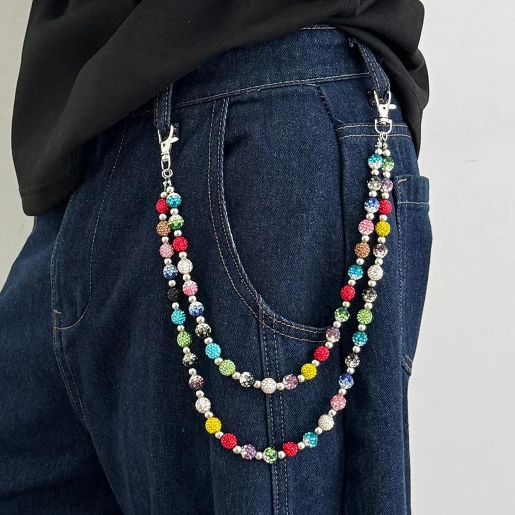 Salircon Trendy Colorata Catena Vita con Strass e Perline Cintura Portachiavi Uomo Punk Harajuku Catena per Borsa Pantaloni Gioielli da Strada Regalo Maschile