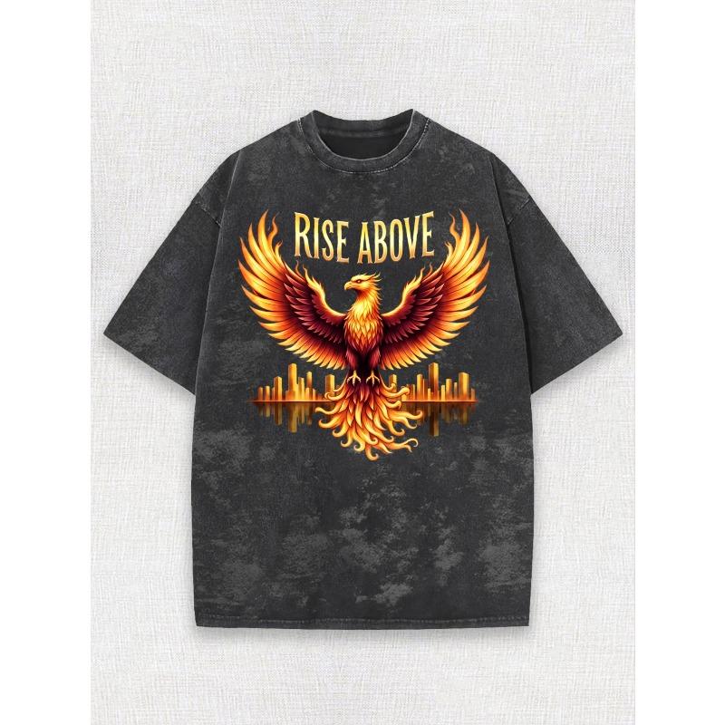 

Graphic Print Men S Retro Distressed Washed Crew Neck T-Shirt Men S Casual Fashion Wear Rise Above Phoenix And Cityscape Design Summer S чёрный