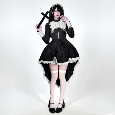 Anime Cosplay Costume Dark Sweet and Cool Embroidered Cross Halloween Nun Costume COS Costume