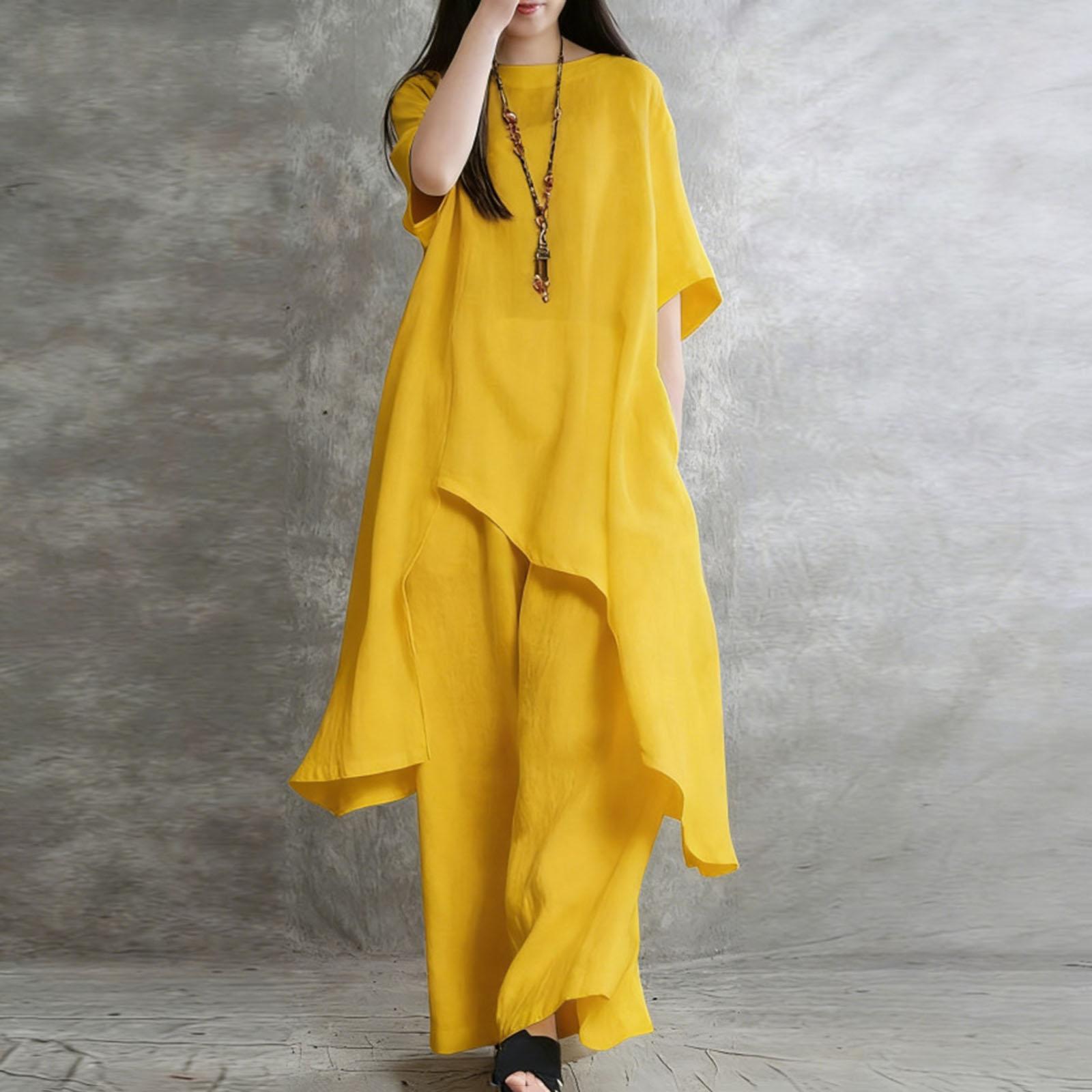 

Women s Fashionable Loose-Fit Short-Sleeve Top + High-Waisted Wide-Leg Pants Casual Two-Piece Set XL жовтий