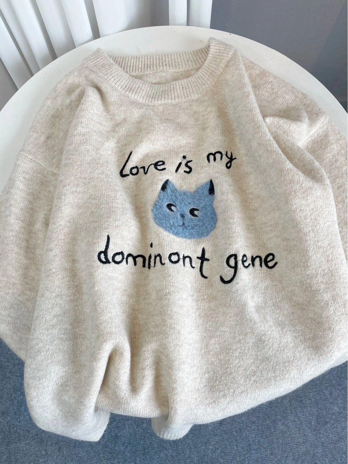 

Женский пуловер с круглым вырезом и толстой вязкой с вышивкой кошки 2024 - Свободный, повседневный вязаный топ на осень/зиму XL абрикосовый