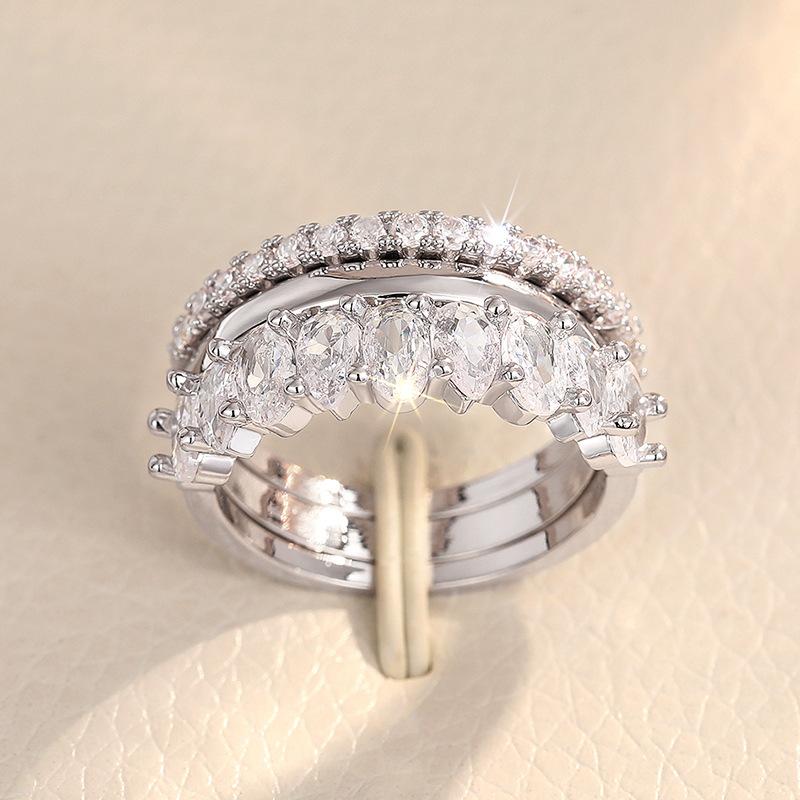 Light Luxury Zircon Ring Three-Piece Set, Wedding Banquet Dress Accessories, Fashionable Geometric Design Ring