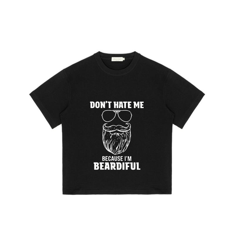 Black T-Shirt with Beard and Sunglasses Graphic and Text Don't Hate Me Because I'm Beardiful for Casual Wear