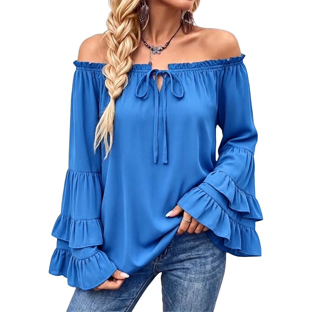 Women's Elegant Off Shoulder Long Sleeve Floral Blouse, Loose Fit Casual Top