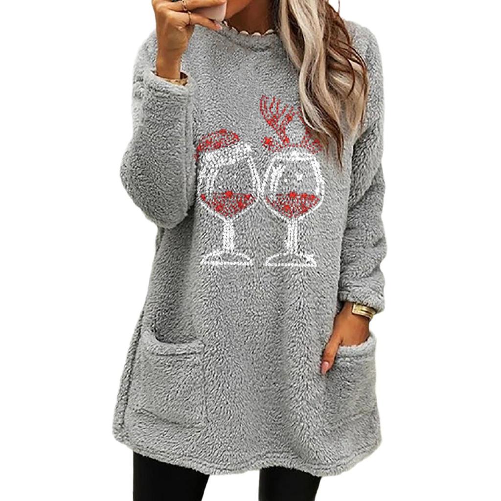 Christmas Wine Glass Print Women's Loose Long Sleeve Hoodie with Pockets