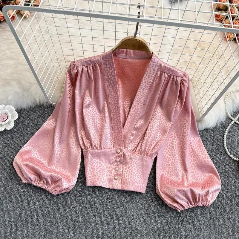 WTEMPO Long Sleeve Stain Blouses Women Korean Leopard Print Long Lantern Sleeve V-neck Shirts New Casual Cropped Tops