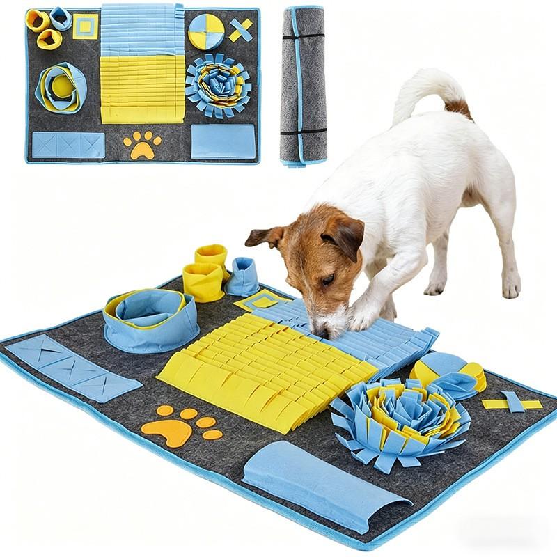Dog Snuffle Mat Mental Stimulation Interactive Puzzle Toy Durable Anti-Slip Pet Enrichment Pad Gray Blue Yellow