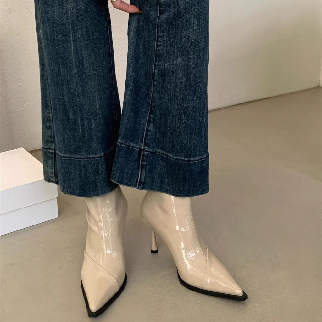 Black high-heeled short boots 2025 autumn and winter pointed head lacquered thin boots thin-heeled short boots autumn and winter single boots