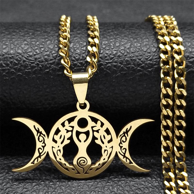 Collana Pendente Nodo Celtico Luna Tripla Catena per Clavicola Moda Acciaio Inossidabile