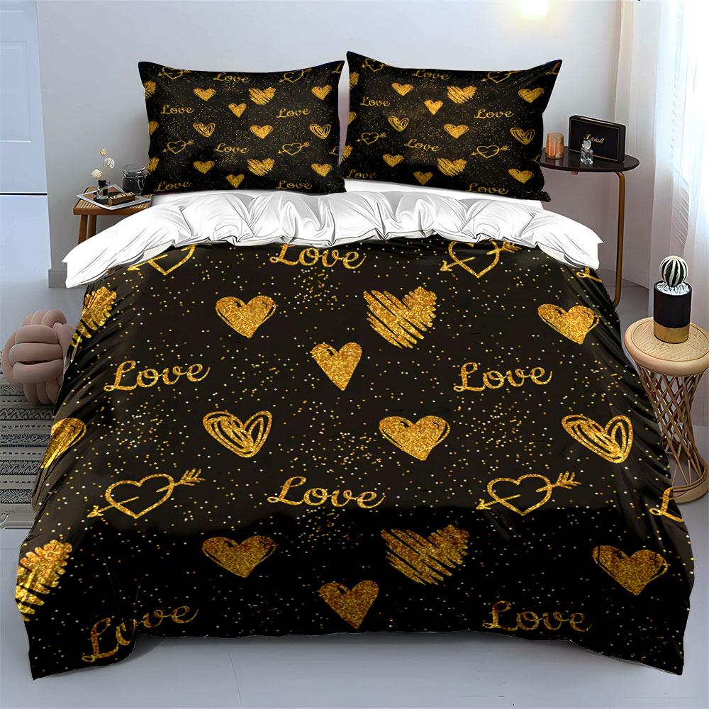 Golden Love Hearts Pattern Bedding Duvet Cover Set Duvet Cover Pillowcases  (1*Duvet Cover 2*Pillowcases, Without Duvet Insert)