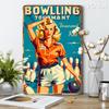 Vintage Bowling Tournament Metal Tin Sign  Retro Woman Bowler  Pins Design   IndoorOutdoor Wall Art for Game Room Bar Fo
