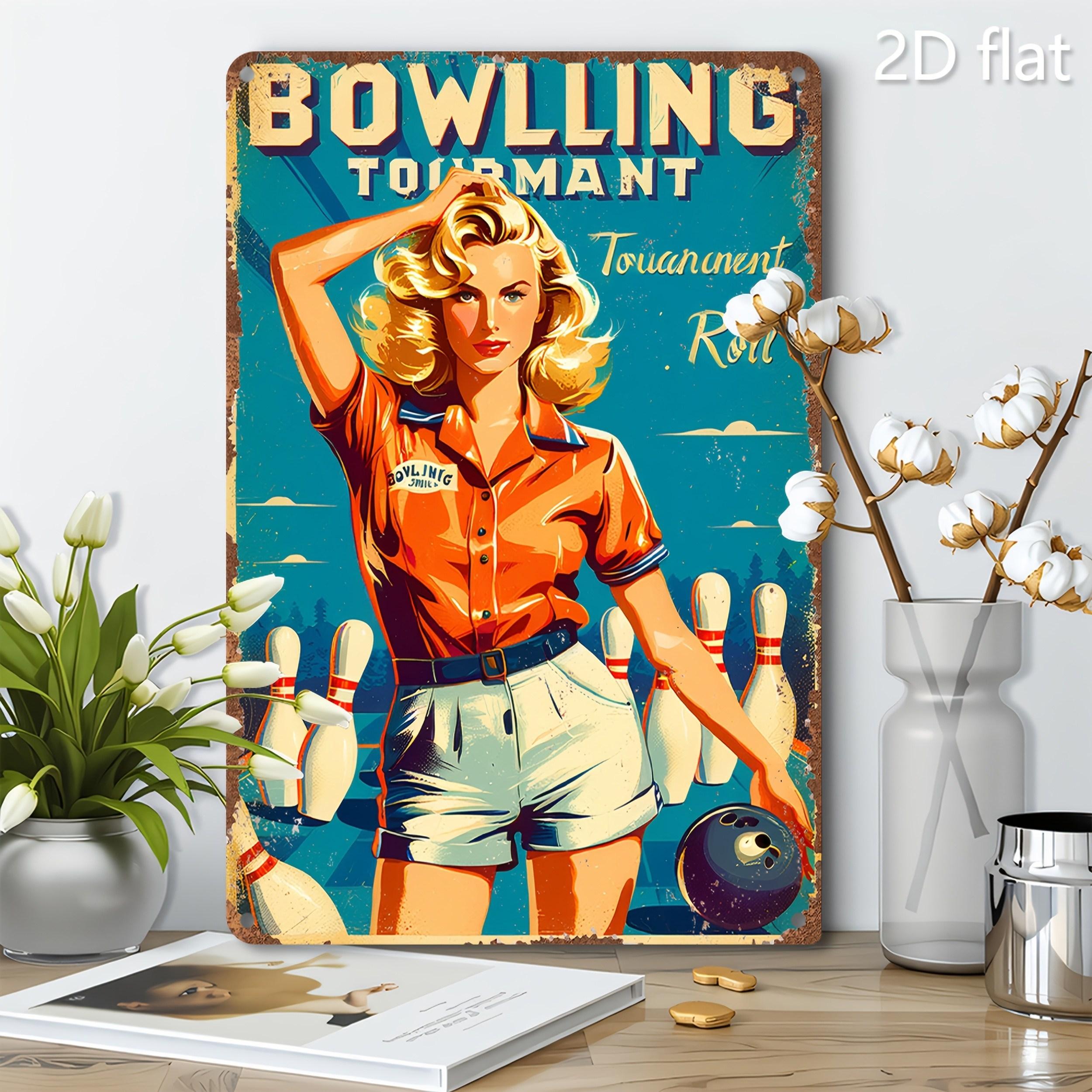 

Vintage Bowling Tournament Metal Tin Sign Retro Woman Bowler Pins Design IndoorOutdoor Wall Art for Game Room Bar fo 20x30cm（7.8x11.8inch）