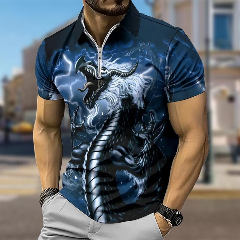 

Мужская рубашка поло повседневная на молнии с коротким рукавом модная повседневная на молнии лето весна обычный крой китайская рубашка с принтом 3D лунг M