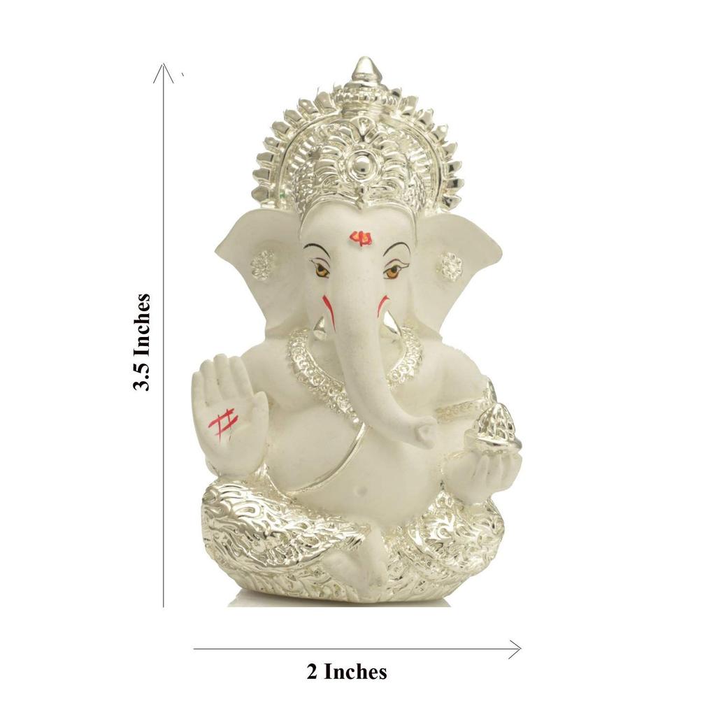 Ganesha Idol Silver Plated Ganesh for Car Dashboard Statue Ganpati Figurine Luck & Success Diwali Gifts Home Decor (Size: 3.5 X 2 Inches)