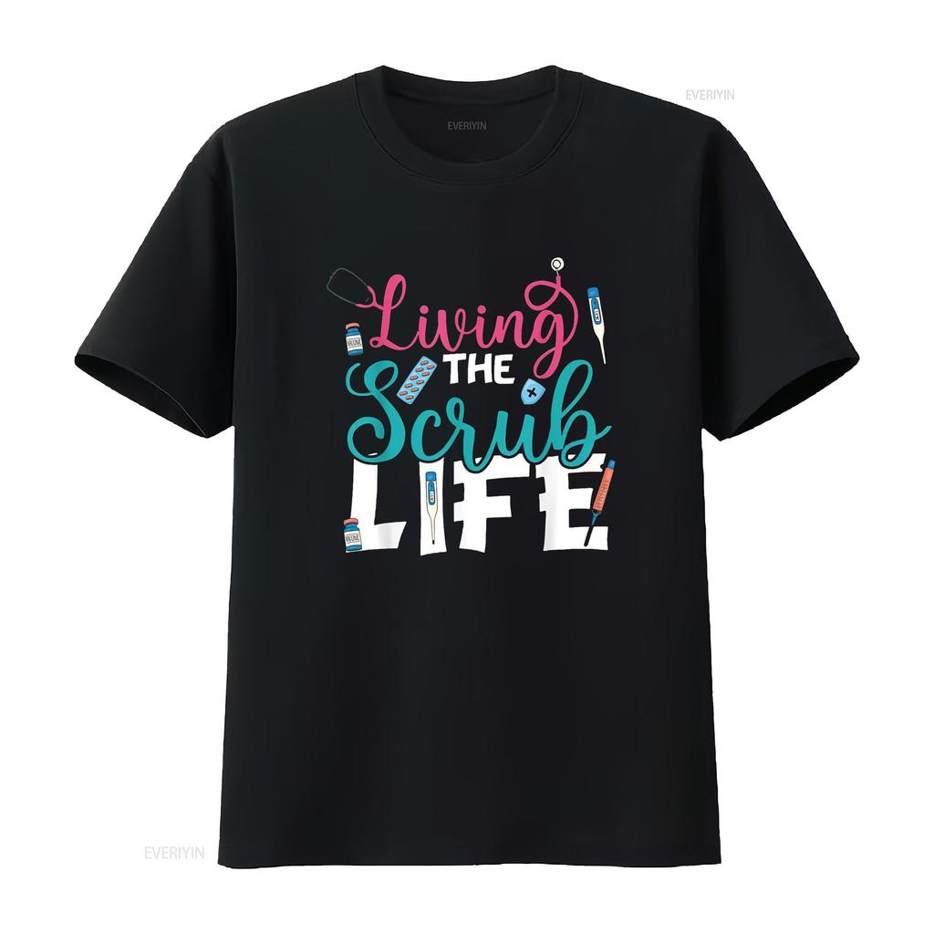 Womens Living the Scrub Life Funny Nurse Stethoscope Nursing Cute T Shirt Black 2XL Vintage Washed Breathable Streetwear