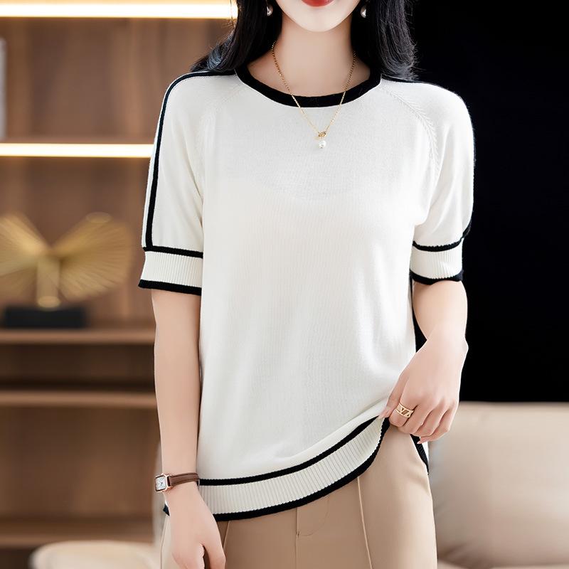 Round Neck Cotton Thread Color-blocking Knitted Short-sleeved Women's Summer New Korean Loose Versatile Simple Sweater Top