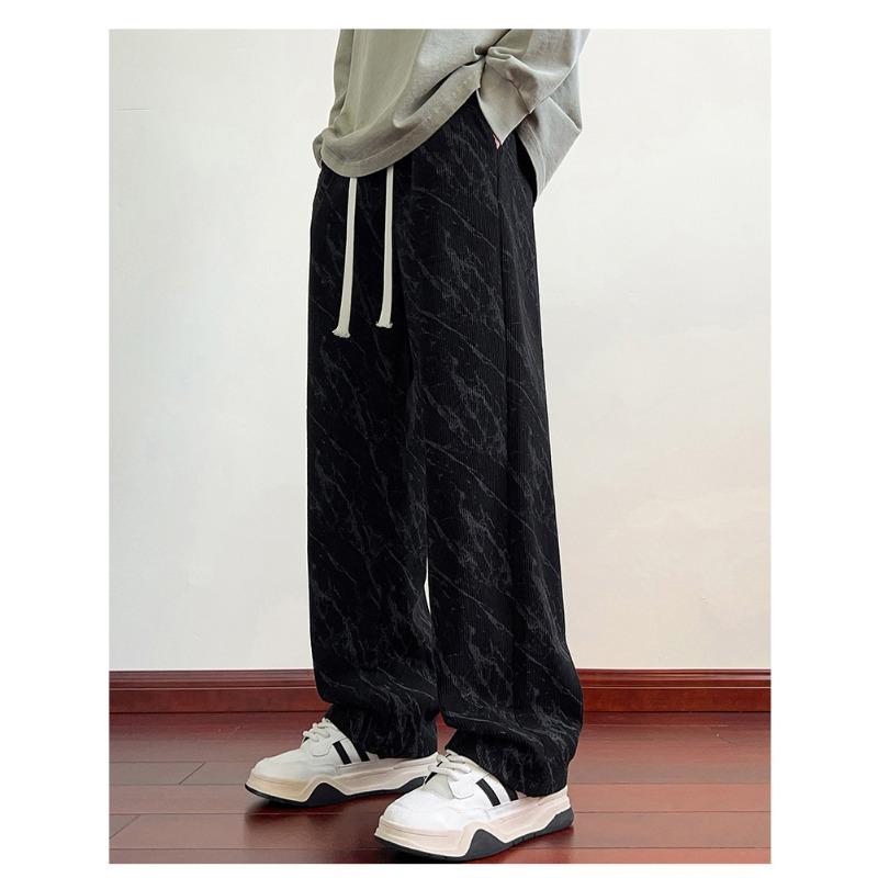 

Men s Marble Print Corduroy Wide Leg Pants - Drawstring Waist Casual Streetwear Trousers M чёрный