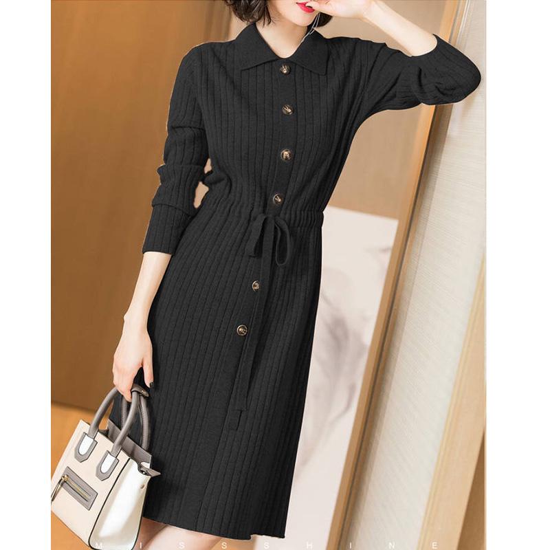 Robe tricotée à manches longues pour femme, nouveau design, automne hiver, col rabattu, boutons, robes Slim
