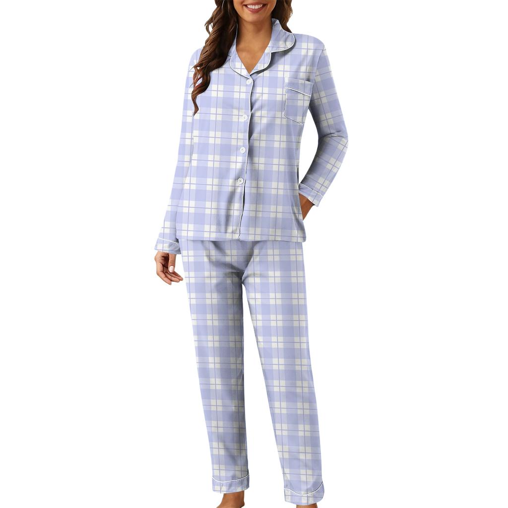 Women's Casual Fashion Plaid Patchwork Print Long-Sleeved Trousers Homewear Set