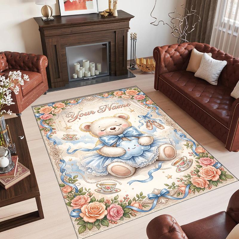 Teddy Bear Theme Crystal Velvet Rug Personalized Custom Name Text Soft Floor Mat Home Decor