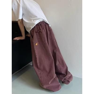 JYL Men's Bootcut Jeans Spring Wine Red Flame Embroidered Wide-Leg Denim