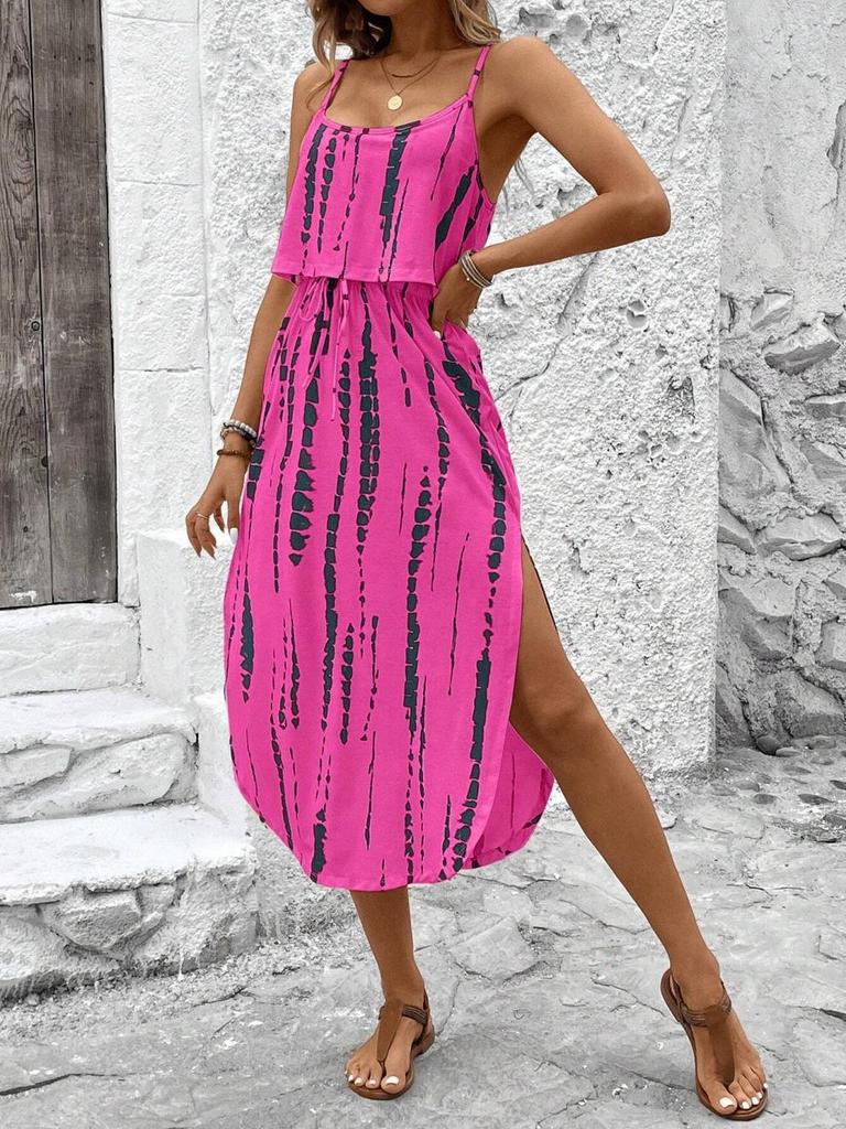 Strappy Printed Dress - Elegant Ink Silk Gauze for Commute and Casual Wear