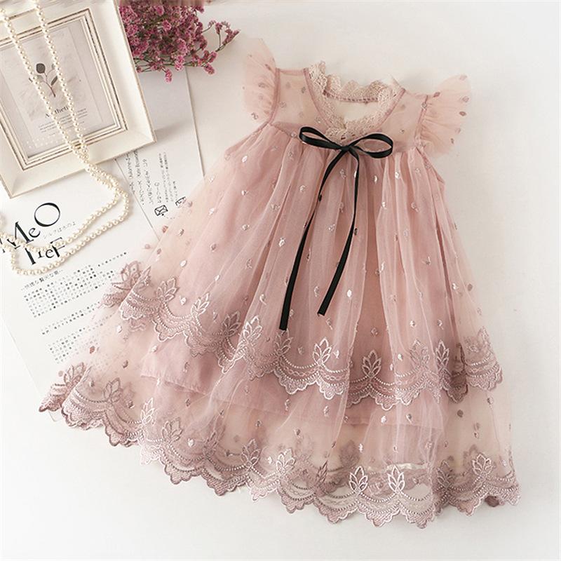 Little Girls Princess Dress Kids Embroidered Tulle Puffy Dress Children Party Gown Formal Flower Girl Dress for Special Occasions 100 розовый