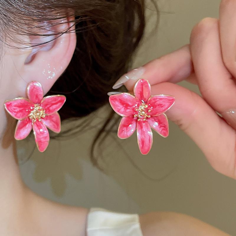 Vintage Metal Colorful Oil Dripping Flower Big Earrings For Women Sweet Simple Fashion Bohemia Trendy Jewelry Accessories Gifts