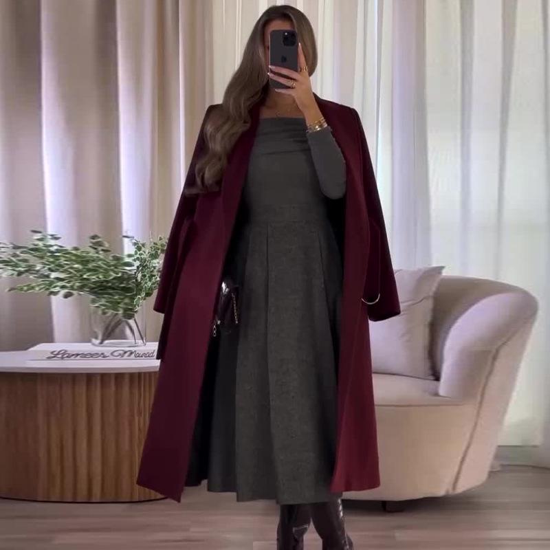 

Жіноче однотонне довге вовняне пальто в корейському стилі ледачий шик , універсальне, на осінь/зиму 2024 XL вина червоного кольору