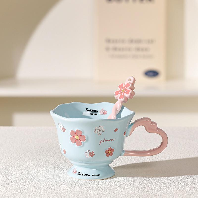 Personalized Cherry Blossom Embossed Ceramic Mug with Spoon – Creative Pink Souvenir Cup
